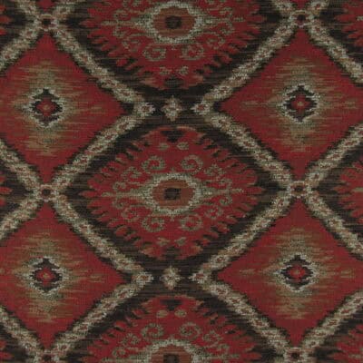 Mill Creek Fabrics Indio Ruby durable jacquard weave with diamond Ikat design in red and black for furniture upholstery, pillows, cushions. On Sale!