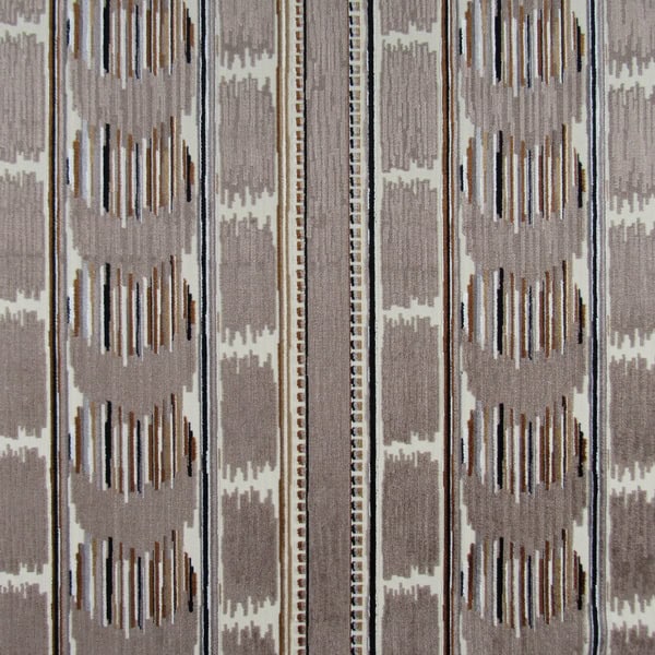Velvet Ikat Stripe Woodland showcases a luxurious velvet ikat stripe in taupe, accented with black and gold, offering a soft and comfortable texture perfect for upholstery, pillows, or cushions.