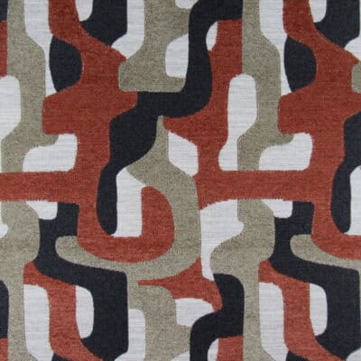Lilo Spice features an abstract contemporary design in rust, tan and black, with a soft yet durable heavy chenille texture ideal for upholstery, pillows, or cushions.