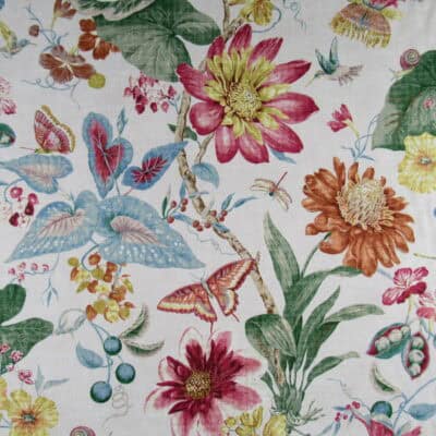 Tropical Pavilion Passion Fruit features a tropical floral design with hummingbirds, butterflies in vibrant colors, printed on 100% cotton, perfect for upholstery, drapery, bedding, pillows, or cushions.