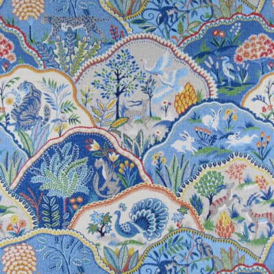 PK Lifestyles Zoologic Luna animal theme cotton print fabric with peacock, tiger, antelope, monkey, birds, rabbits with quilted look in blue.